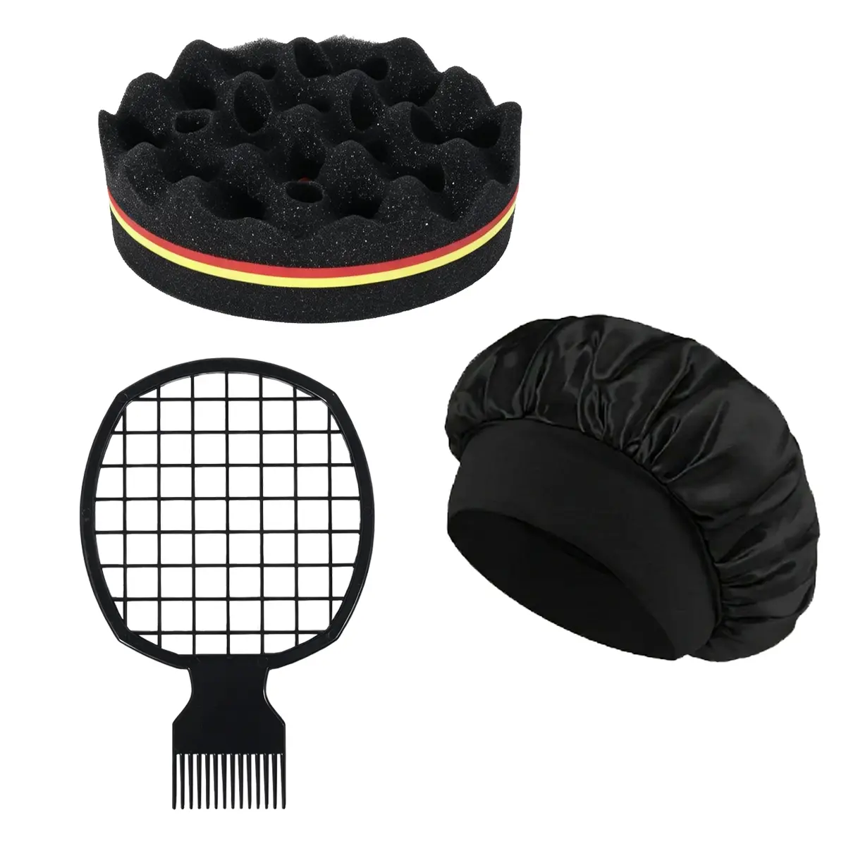 3-Piece Curling Sponge Set, African Style Metal Comb, Magic Curling Sponge and Sleep Cap, Natural Hairstyle Tool for Short Curls, Braids, Heatless Styling