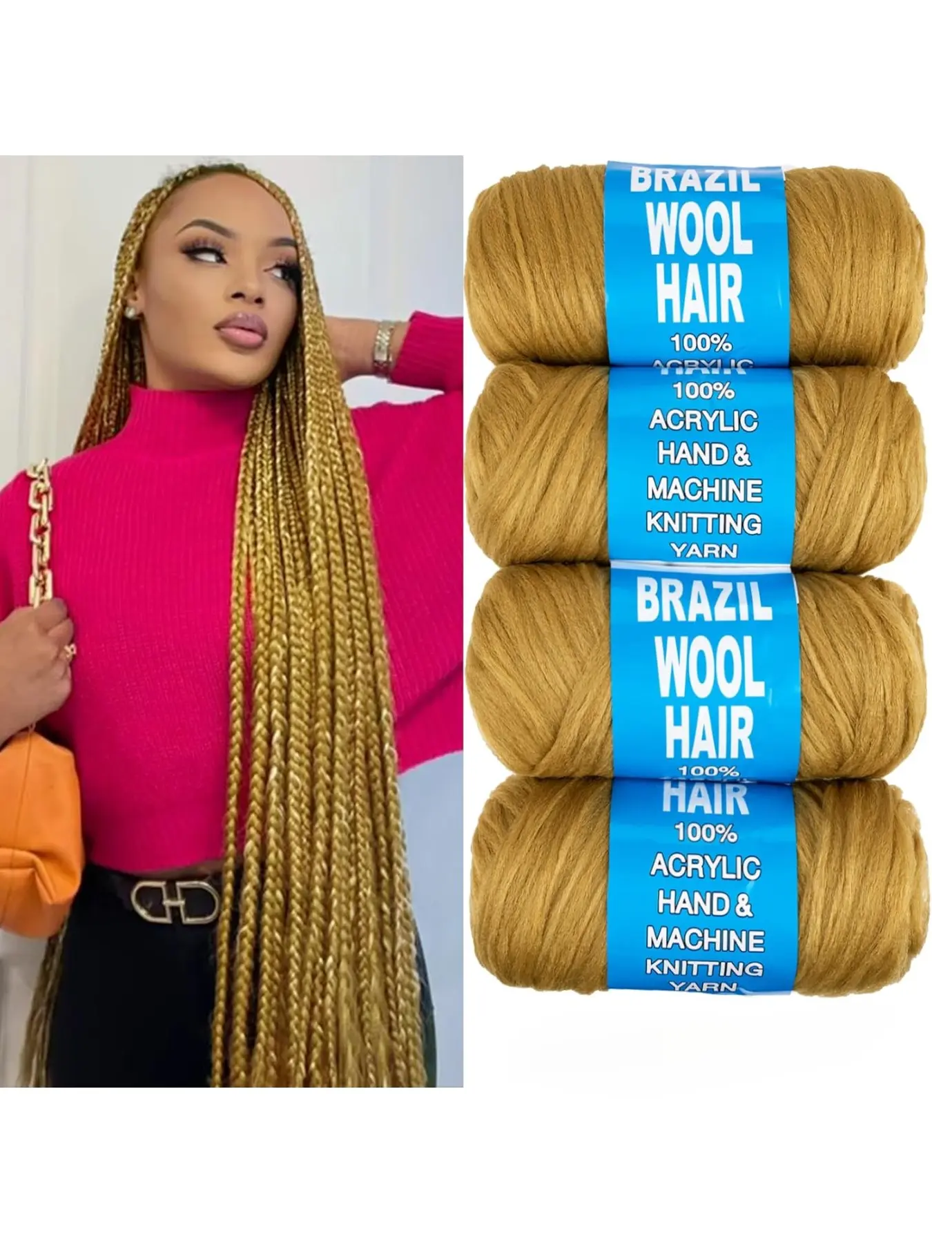 4 Pcs Blonde Brazilian Wool Hair for Braids Acrylic Hand Knitting Yarn for Hair Braided Design Hair Extension Crochet Braid Senegalese Twisting Jumbo Braids Faux Locs Crochet Hair Extension(#27)