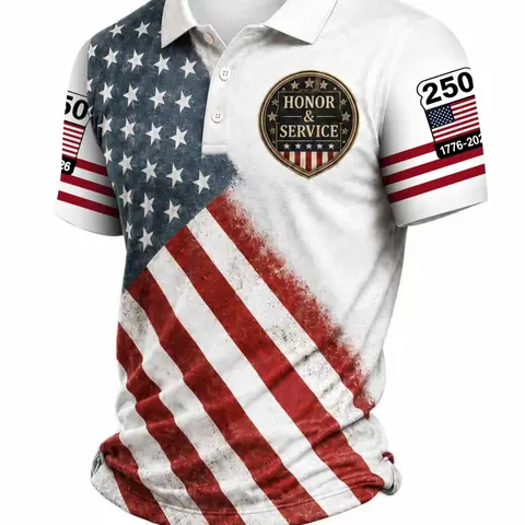 Patriotic American Flag Men's Polo Shirt, 250th Anniversary of Usa, July 4th Gift, Sporty Fitted Design, All Seasons Wear, Sporty Polo Top