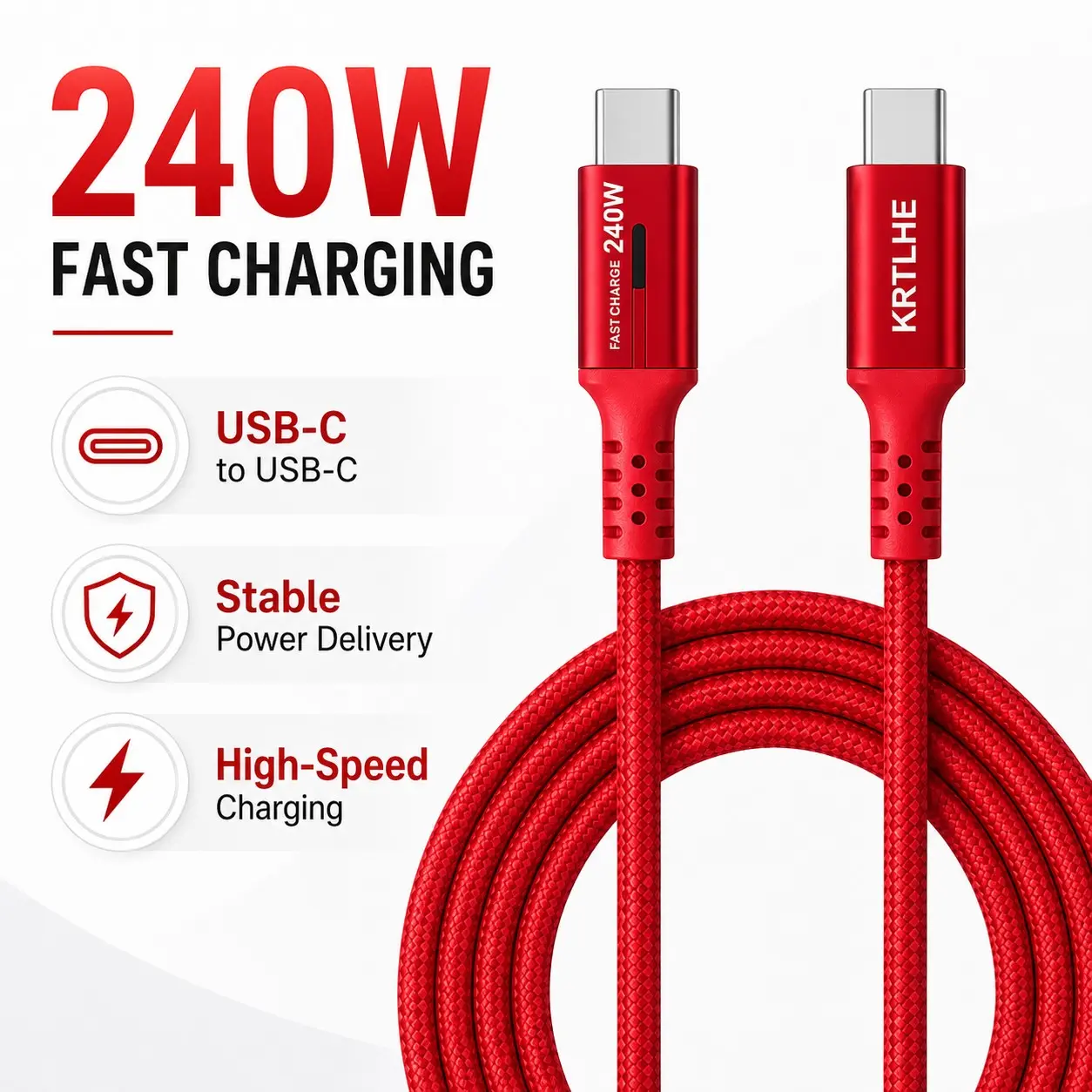 KRTLHE 240W Fast-Charging Cable (Supports Data Transfer), tough usb c charging cable with tangle-resistant braided outer layer, sturdy structure against breakage, built for iPhone 15/16/17, MacBook Air/Pro, iPad, Samsung, Xiaomi and other devices