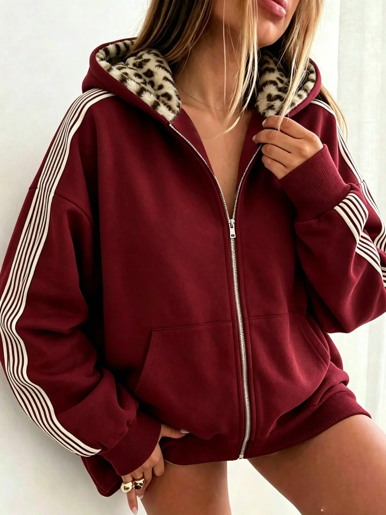 Women's Leopard Print Hooded Jacket, Long Sleeve Zipper Open Front, Casual Loose Fit, Pocket Design, Fall Winter Fashion