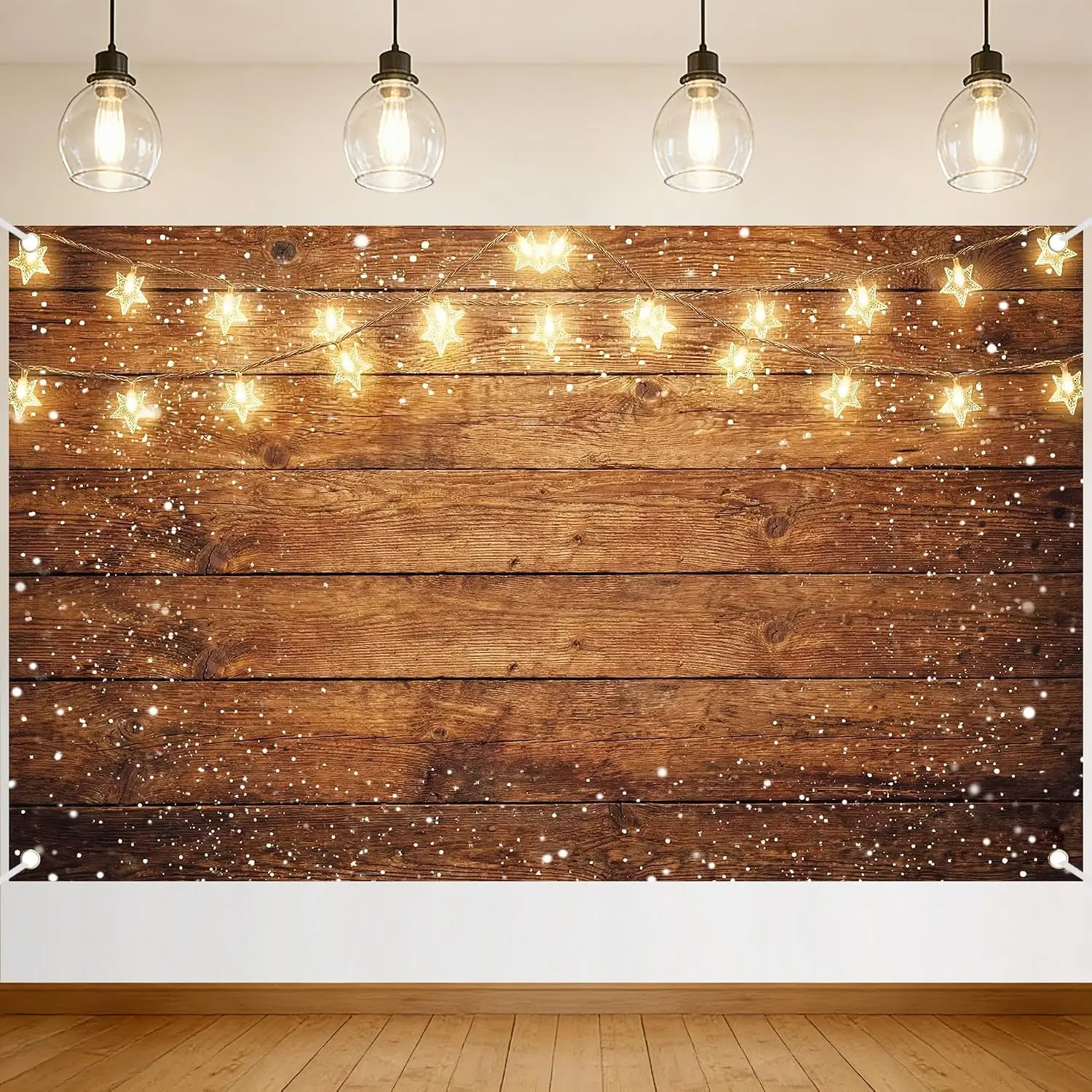 Backdrop Rustic Wooden Photo Background  Brown Wall Country Backdrop with Warm  Lights Snow Effect for Wedding  Birthday  Shower Photo Booth 71x43 Inch