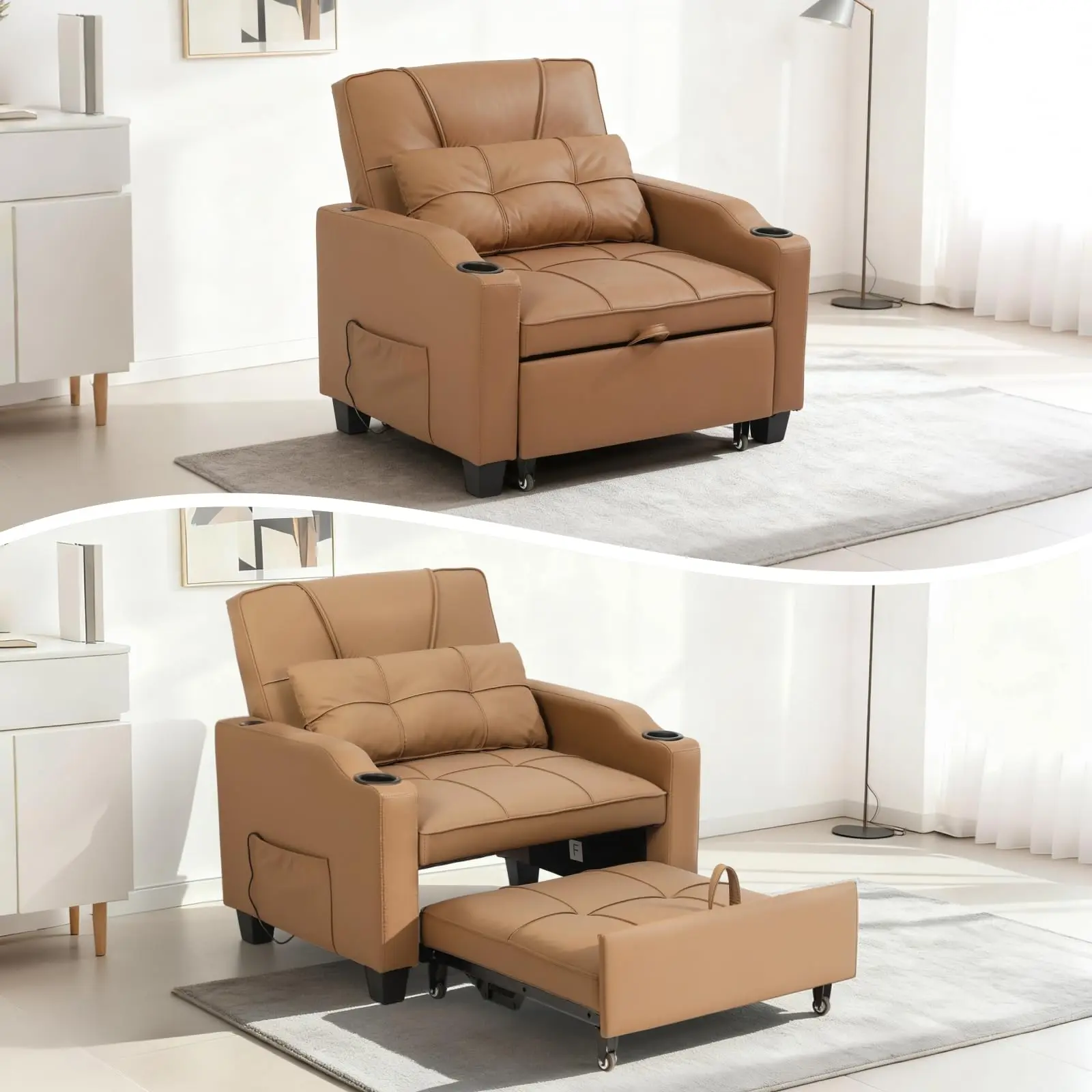 3-in-1 Convertible Sleeper Chair Bed - Sturdy Contemporary PU Leather Multi-Functional Furniture, 35.04"w x 32.28"d x 33.86"h, Adjustable Back, USB Ports, USB C Charger, Cup Holders, Massage Lumbar Pillow, Quick Setup for Living Room, Dorm, Comfy Reading