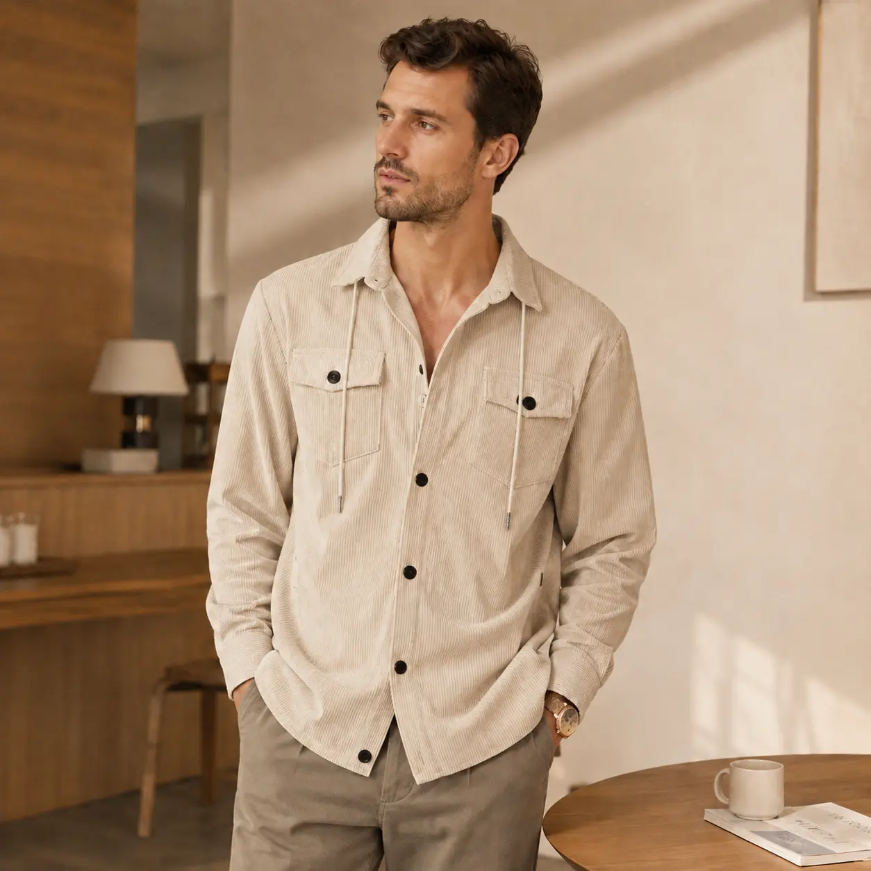 Mens Jacket Button Down Waffle Shirt Long Sleeve Corduroy Tops Drawstring Shirts Jackets Chest Pockets Overshirt