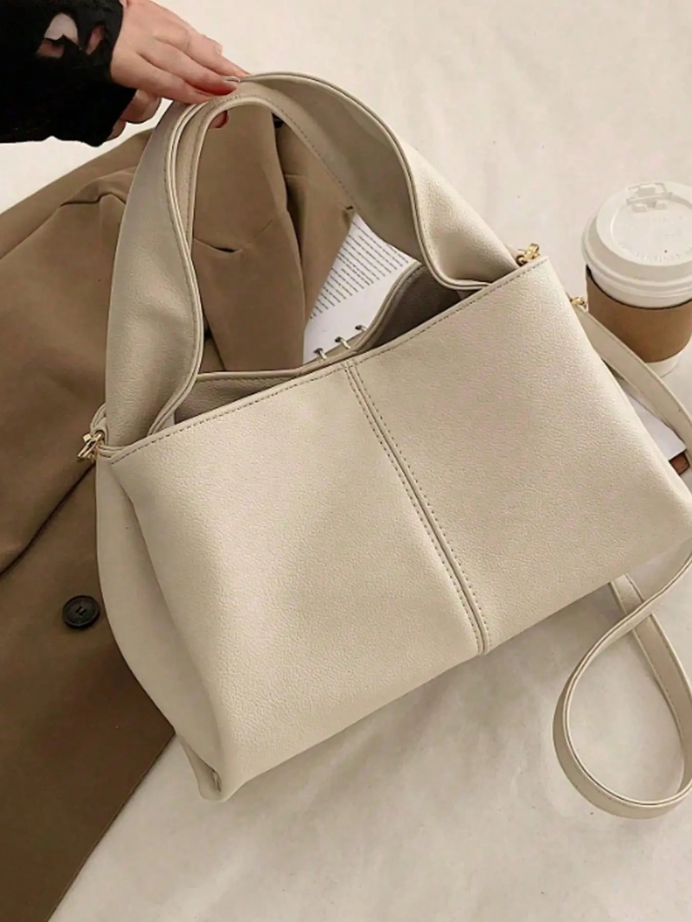 Minimalist Cream Apricot Commuter Shoulder Crossbody Bag, Soft Pebbled Faux Leather Versatile Handbag with Adjustable Strap, Fashionable Bag, Lightweight Large Purse for Daily Work School