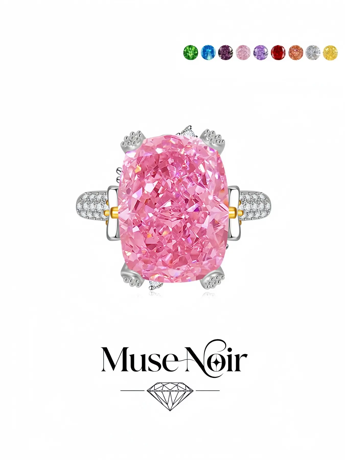 Cherry Pink Fantasy Glory Ring holds sparkling ice-cut elongated rectangular pink high-carbon stones. Exquisite and eye-catching, it works as romantic dating jewelry for daily wear, vacations and formal dinners.