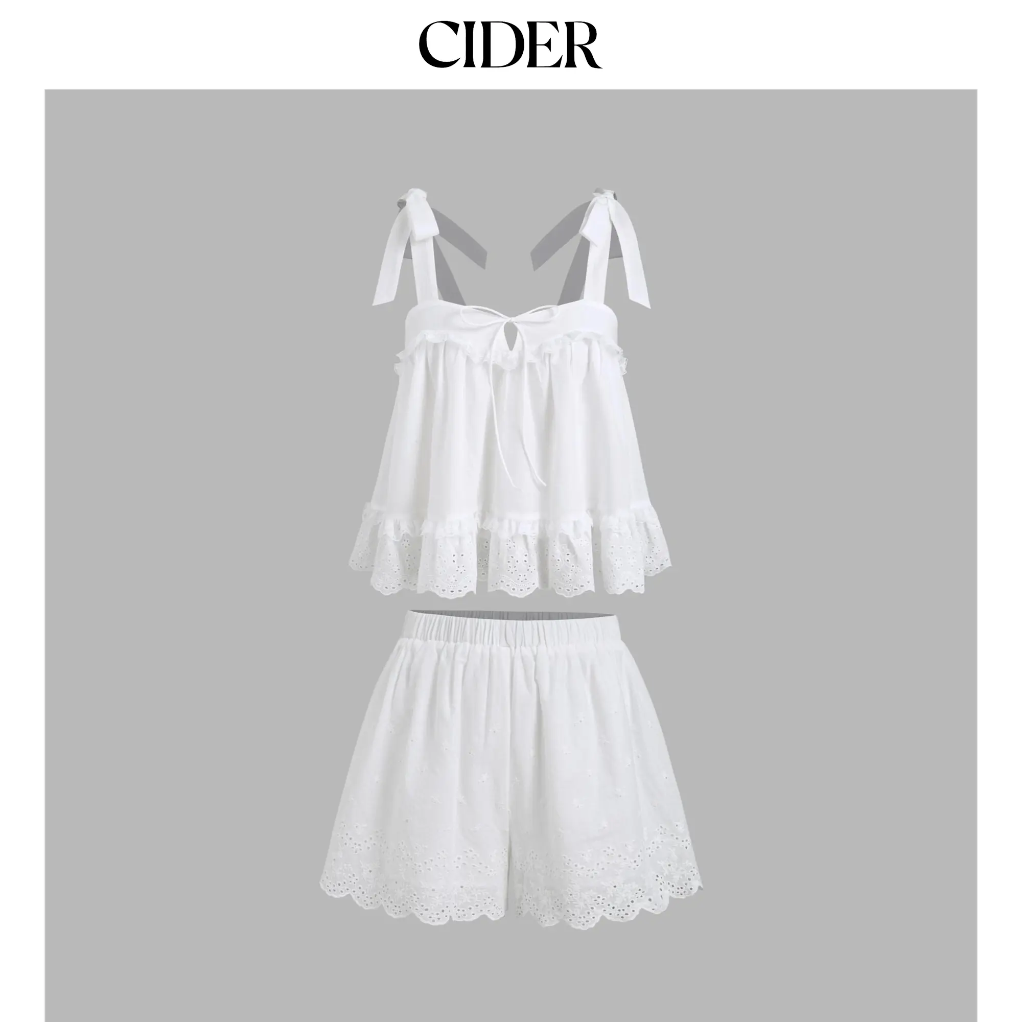 Cider Cotton Broderie Anglaise Lace Trim Bowknot Top & Mid Rise Elastic Waist Shorts Set