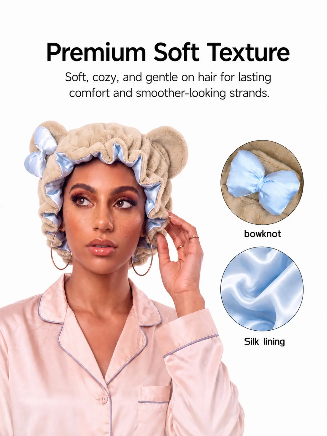 Plush Bear Ear Satin Sleep Cap with Cute Bow, Soft Velvet Hair Hat for Nighttime Hair Care, Smooth and Healthy Hair Overnight