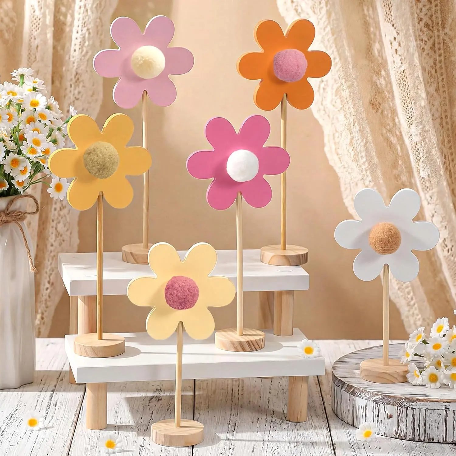 6 Pack Boho Table Decorations Daisy Centerpieces for Tables Wooden  Sign with Pompom Pistil Summer Floral Shelf Centerpiece for  Classroom Office