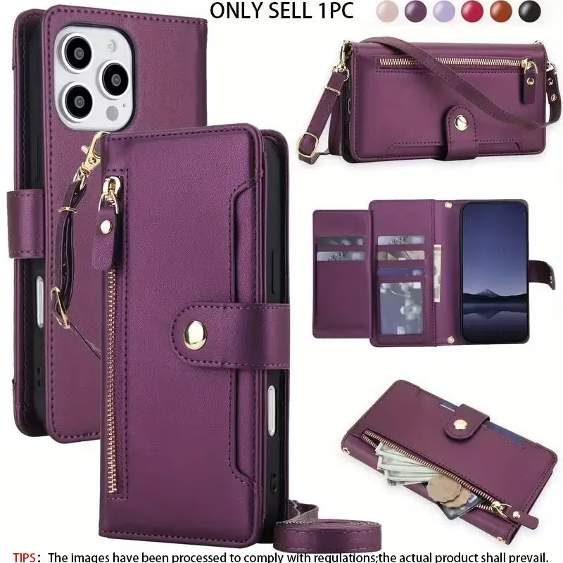 PU Faux Leather Protective Wallet Case Compatible with for iphone 17 Air 16E 16 15 14 Plus 13 12 Mini 11 Pro X XS Max XR 8 7 Plus SE 5G 2022 2020 SE3 SE2, Kickstand Crossbody Zipper Mobile Phone Bag with Wrist Strap Cover Cellphone Protection