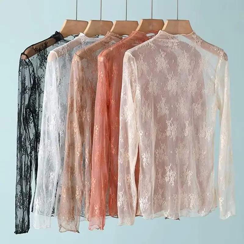 Lady's Korean Style Mock Neck Lace Crop Blouse - XL, Breathable Nylon Mesh Pullover, Floral Transparent Long-Sleeve Sheer Top, Elegant Lightweight Bottoming Womenswear