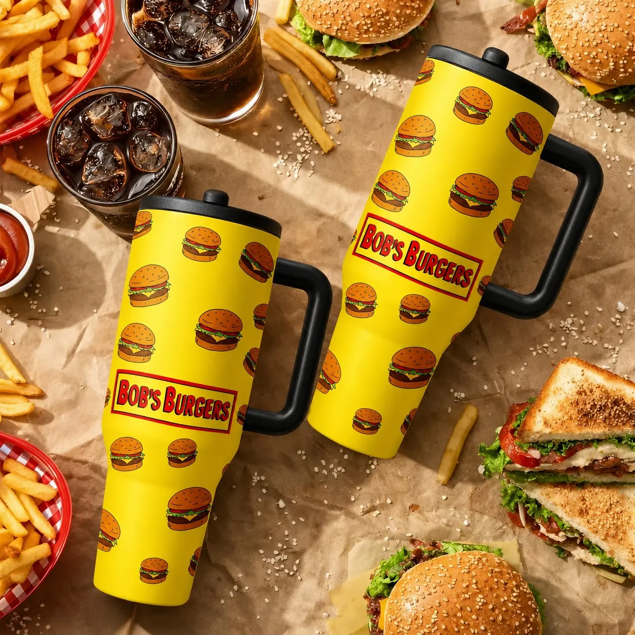 40oz Bob's Burgers Print Tumbler, Stainless Steel Insulated Travel Cup, Funny Cartoon Burger Coffee Mug, Gift for TV Show Fans
