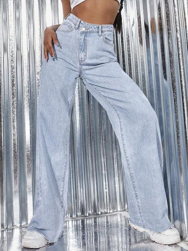 Women's Vintage Denim Jeans, Diagonal Button Design, Ultra-Long Straight Wide Leg, Casual Style, All Seasons Daily Wear