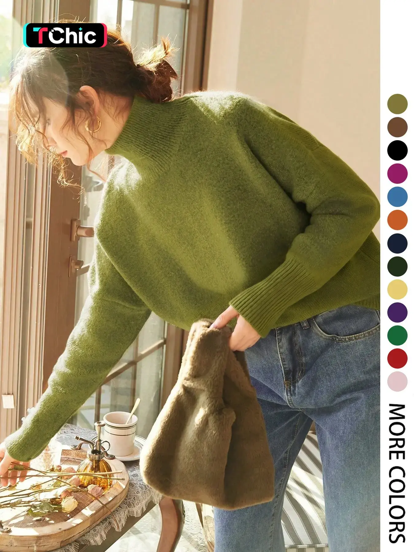 Elegant Women's Fall Winter Fashion Casual Everyday Home Wear Basic Simple Loose Solid Color Knit High Neck Long Sleeve Pullover Top