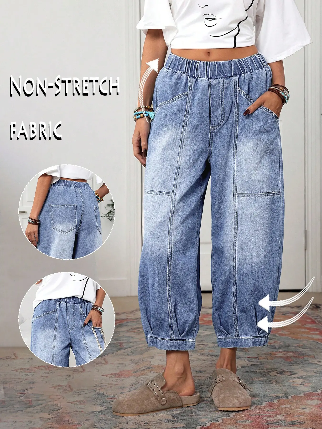 Lkuily Women's Elastic Waist Stitch Panel Jogger Capri Denim Balloon Pants, Light Blue & Black Grey Two Color Loose Casual Harem Cropped Jeans, Soft Wash Lazy Daily Office Versatile Capri Trousers