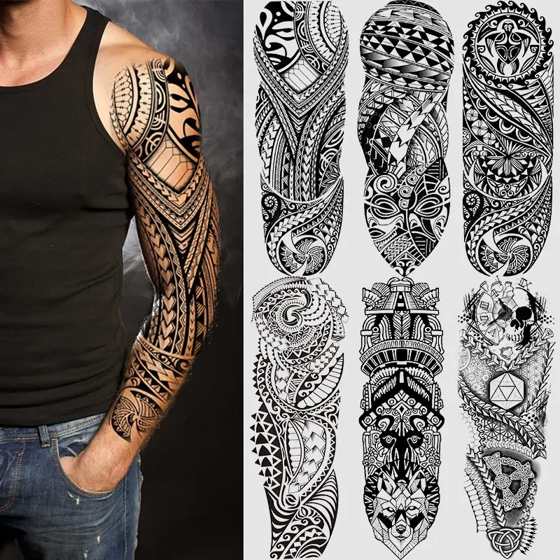 6 Piece Totem Full Arm Temporary Tattoo Sticker Set, Tribal Design, Unisex, Unique Body Art Accessories, Creative Makeup Props