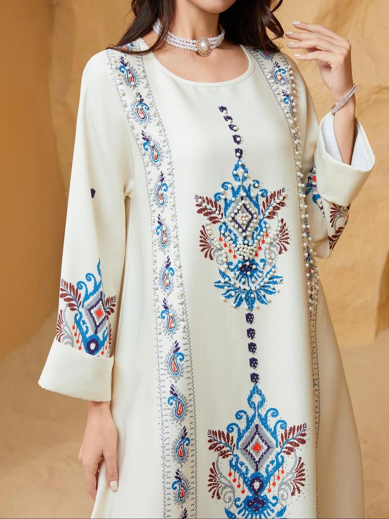 Middle Eastern Women's Embellished Pearl Round Neck Floral Printed Luxurious Elegant Jalabiya Dress, Loose-Fitting All Seasons Fashion