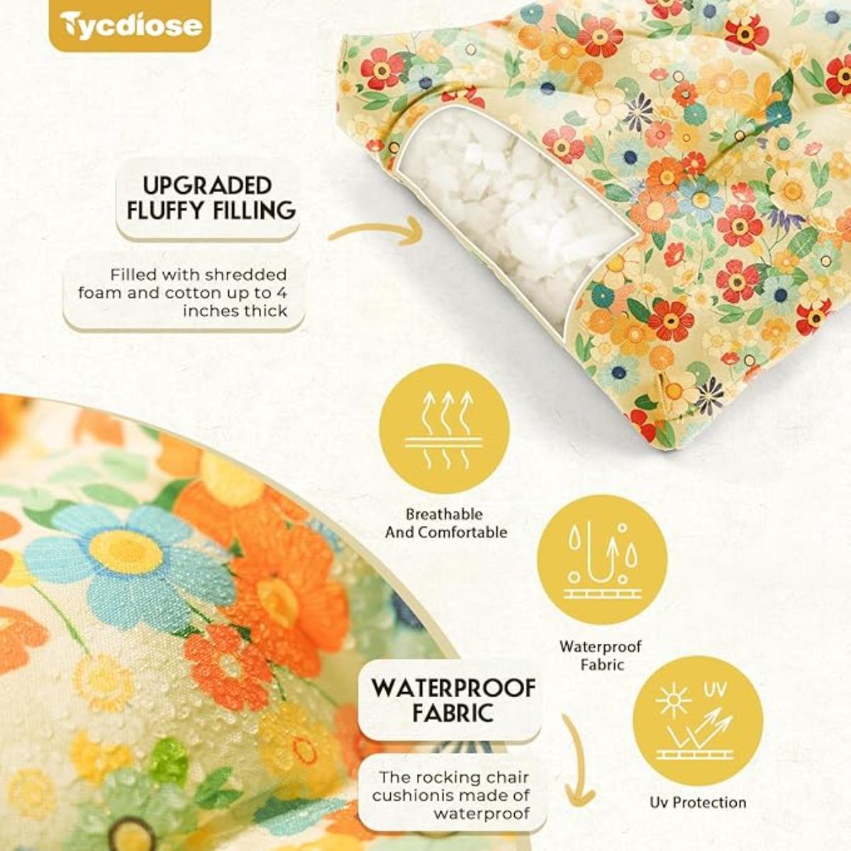 All Weather 3 Pieces Wicker Furniture Chair Cushions, Waterproof Outdoor Wicker Chair Cushion for Patio Furniture Loveseat Settee Bench, 1 Loveseat and 2 U-Shaped Thickened Cushions, Daisy