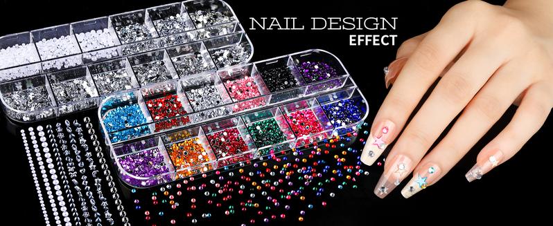 Nail Kit with Nail Charms and Nail Art Brushes Set, Nail Art Tools with 5 Boxes of 3D Nail Charms and Gems Rhinestones, 15 Pcs Nail Brushes, 5 Pcs Nail Dotting Tools, 2 Set of Nail Stand