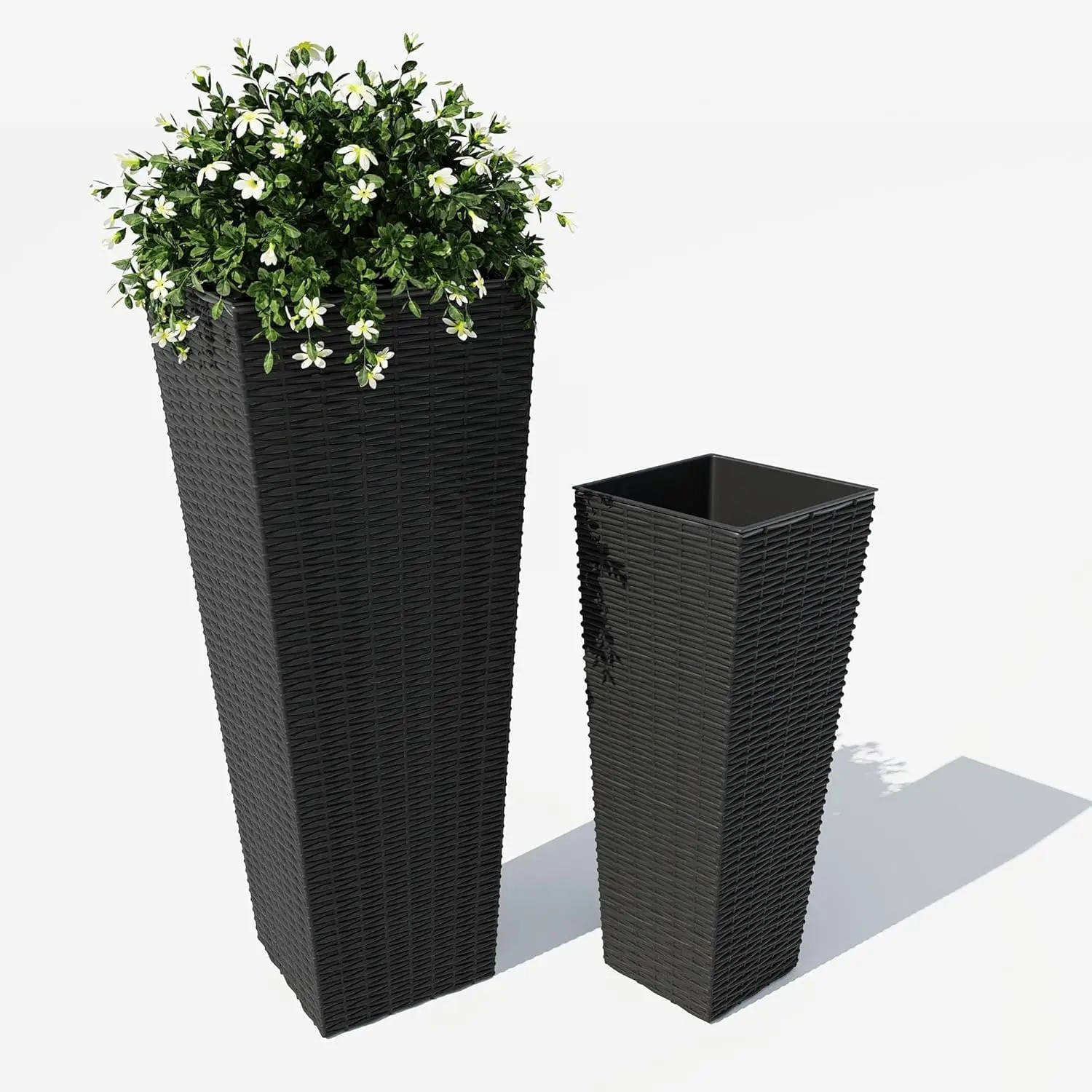 GARVEE Set of 2 Tall Planters for Outdoor Plants, 24 in &32 in Decorative Planter Pots with 4 Drainage Holes, Large Tall Planter for Indoor or Outdoor Front Porch for Patio, Backyard, Home Garden, Black