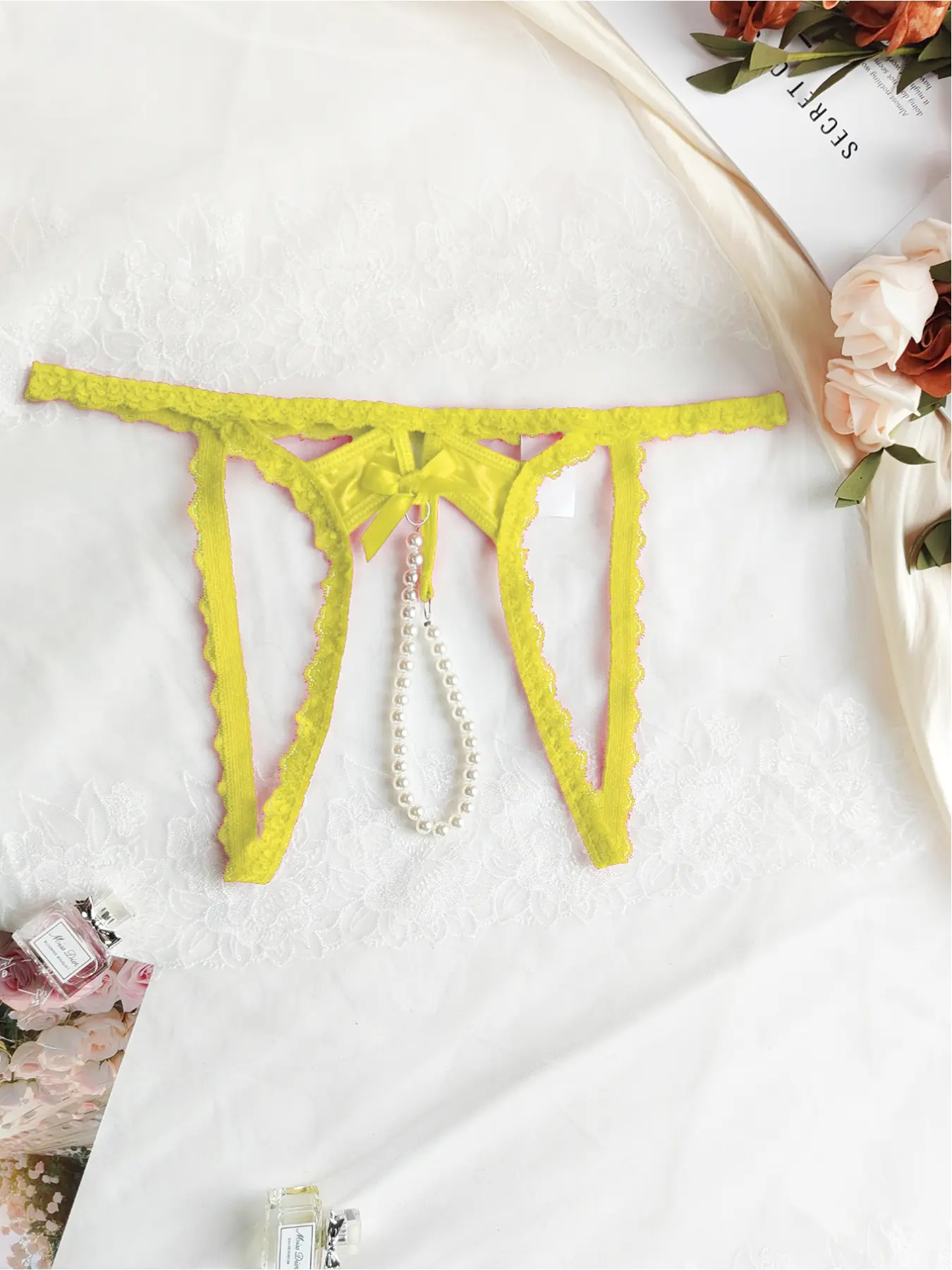 Women's Sexy Thong Panties Underwear with Lace Trim and Pearl Detail, Perfect for Parties, Elegant Sleepwear, Ideal Gift for Boyfriend, Contrast Lace Underwear, Intimates