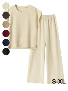 Summer New Plain Round Neck Drop Shoulder Sleeve Wide Leg Pants Casual Set, Textured Loose Slim Fit Sleeveless Two-Piece, Lazy and Elegant Style