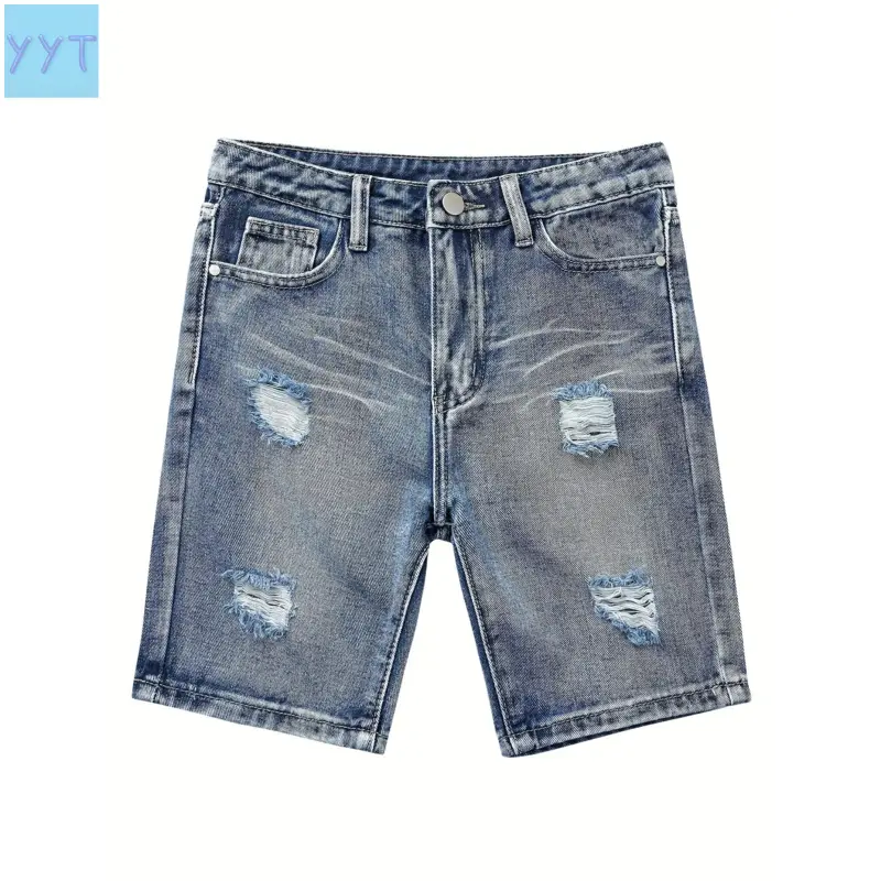 2026    Boy's Distressed Shorts, Vintage Frayed Edge Shorts, Comfortable Distressed Frayed Edge Shorts with Pockets, Style, Machine Washable, Casual Jeans, Durable Pants