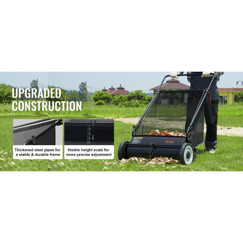 VEVOR Push Lawn Sweeper, 26-inch Leaf Grass Collector, Strong Rubber Wheels Heavy Duty Thickened Steel, Durable to Use with Large Capacity 7 cu. ft. Mesh Collection Hopper Bag, 4 Spinning Brushes