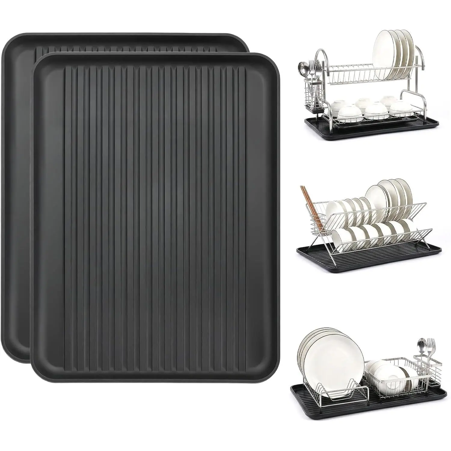 Dish Drying Rack Tray for Kitchen Counter, 2 Pack Dish Rack Drain Board Large Plastic Dish Drying Tray for Bowls Plates Utensils Coffee Cups Household Kitchen Sink Use (Tray Only)