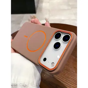 White Orange Accent Ring Magnetic Silicone Minimalist Magnetic Silicone 1pc Matte Skin-Friendly Wireless Charging Magnetic Phone Case, Compatible With IPhone 17 Air 16 15 14 13 12 Pro Max Plus, Soft Silicone Back Cover Birthday Gift Mom