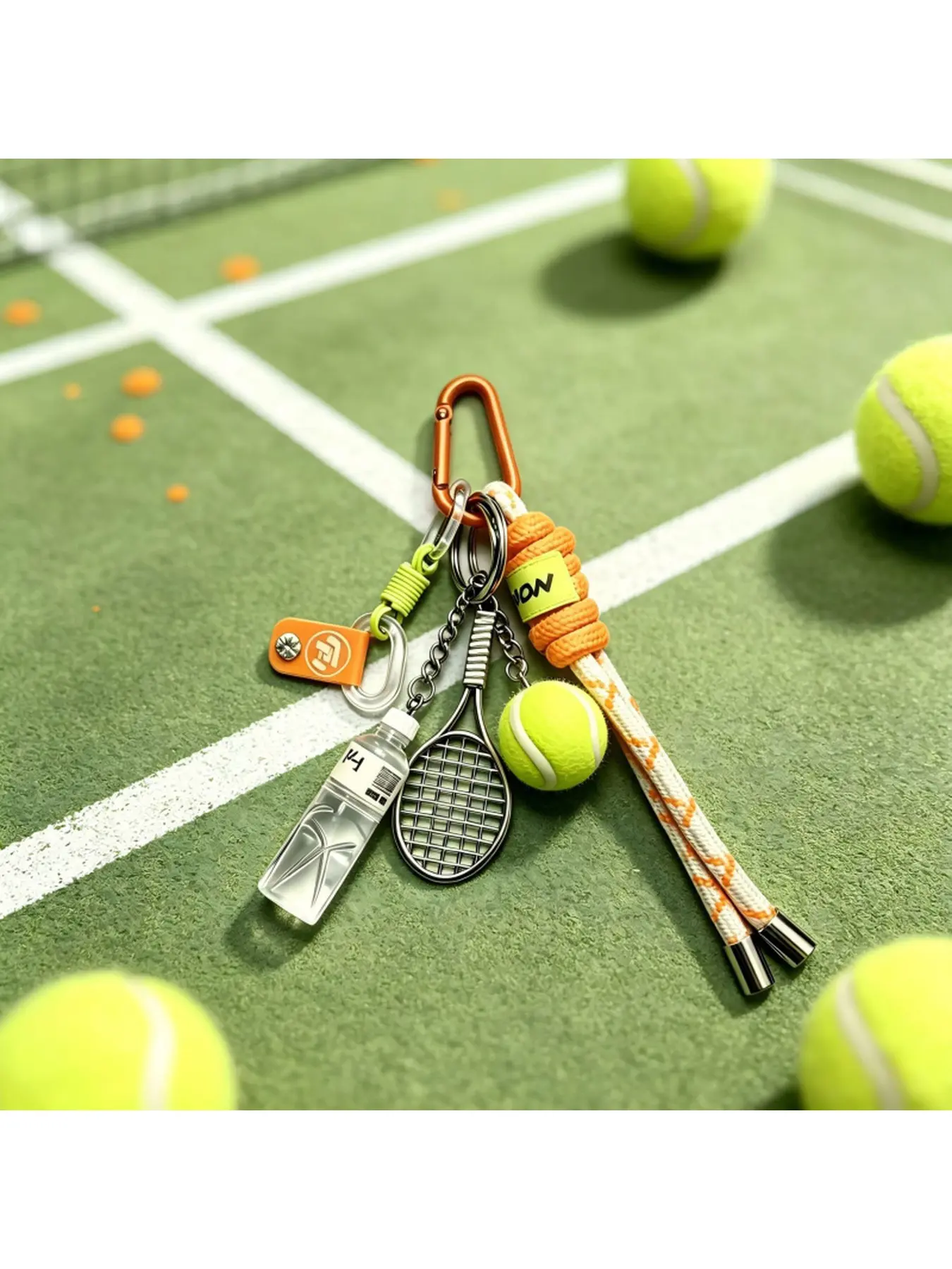 Mini Tennis Racket Keychain with Sports Water Bottle Ornament, Trendy Sports Bag Charm Pendant, Cute Couple Gift Backpack Decorative Accessories for Gym Lovers