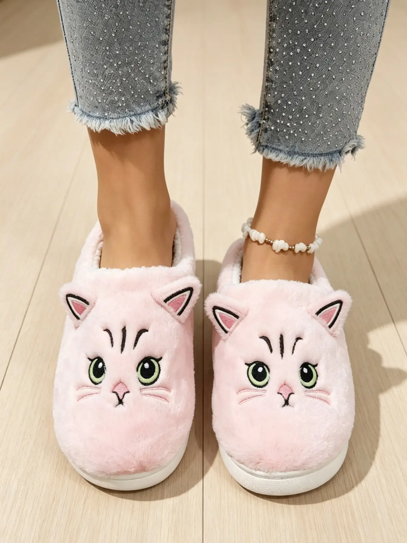 Women's Cute Cartoon Cat Face Embroidered Plush Mule Slippers, Half Slipper, Comfortable Warm Plush Lining, Non-Slip Durable Sole, Home Use
