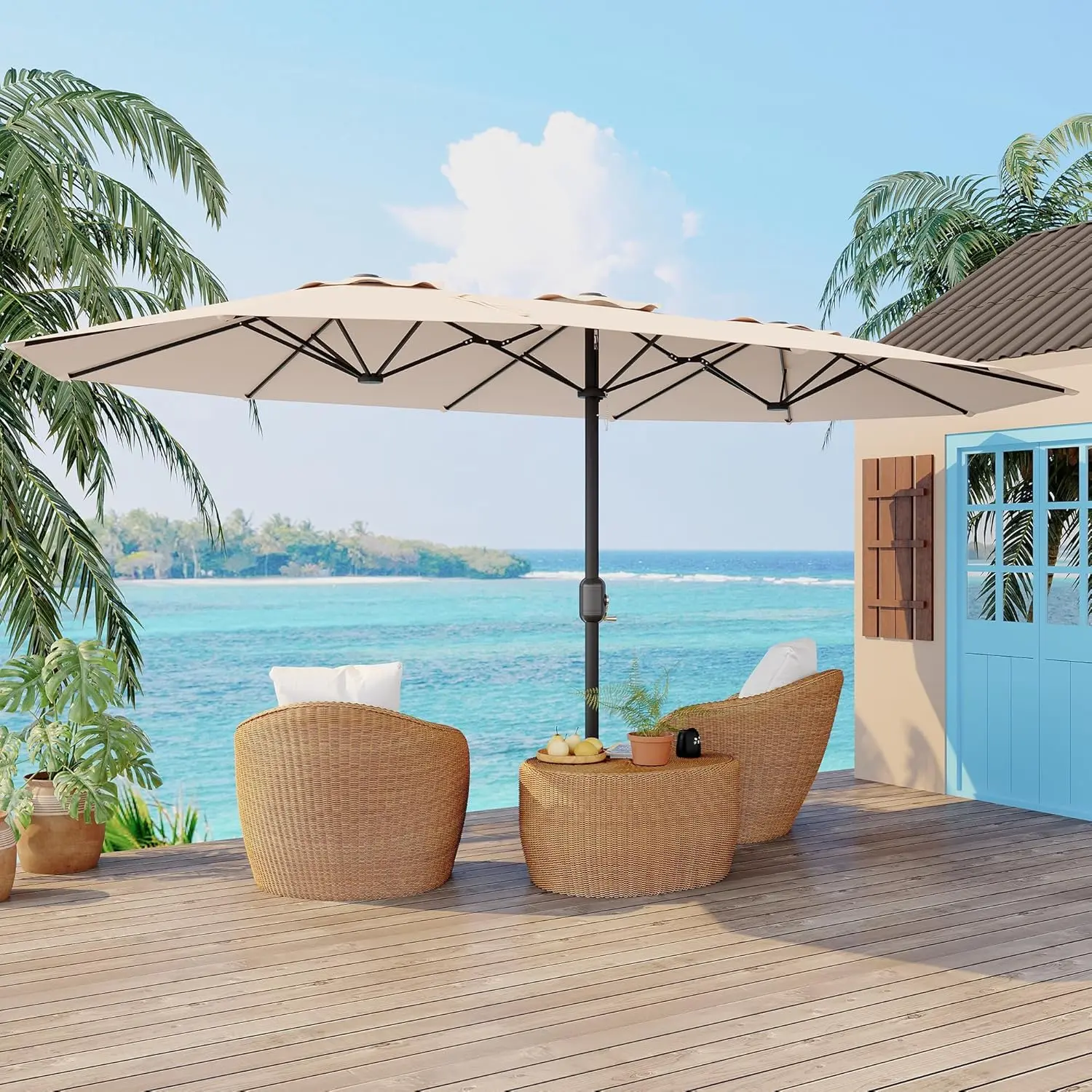 Double-Sided Patio Market Umbrella, 15Ft Large Outdoor Umbrella, Double-Topped Rectangular Umbrella for Poolside Lawn Backyard