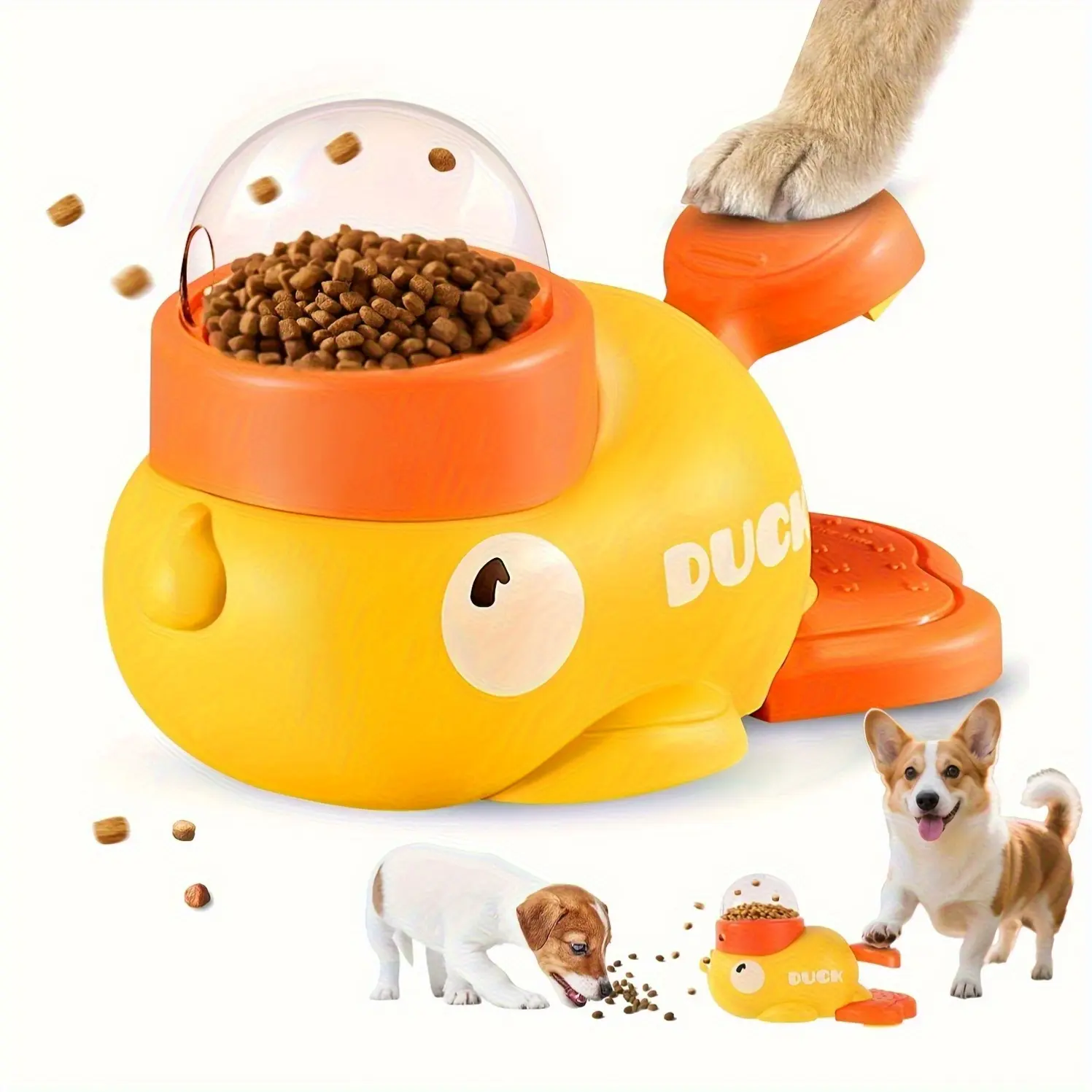 Small Yellow Duck Manual Press Interactive Dog Feeder Toy - Rotating Bowl, Battery-Free Durable Plastic Bowl Automatic Feeder, Food Dispenser, Treat Dispenser for All Dog Sizes, Bowl/Dish, Bowl Automatic Feeders