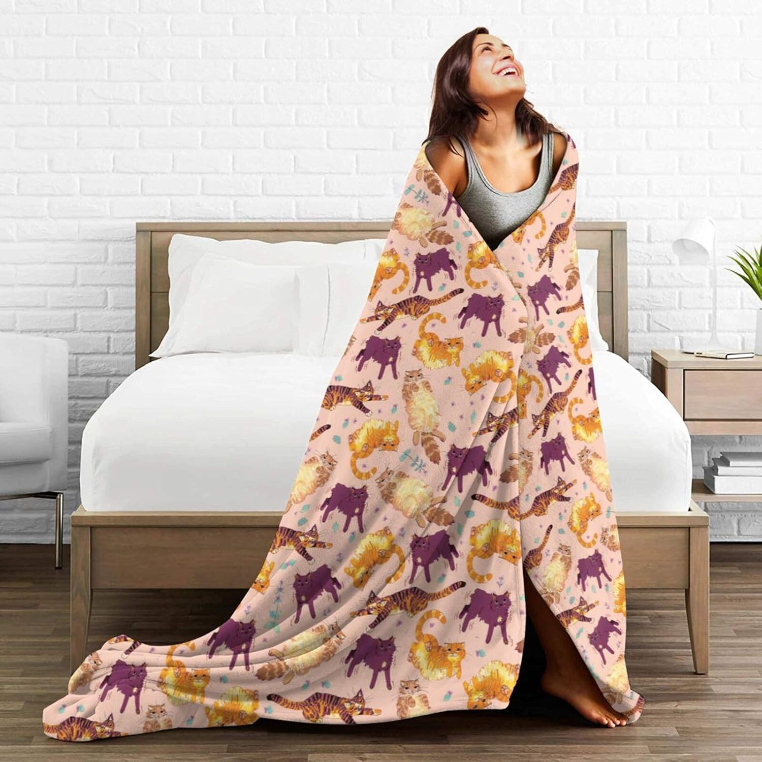 Cat Blanket, Flannel Throw Blanket, 60''x50'', Multicolor, Animal Print, Soft, Warm, Perfect for Beds, Sofas, Camping, Napping, Travel, Working