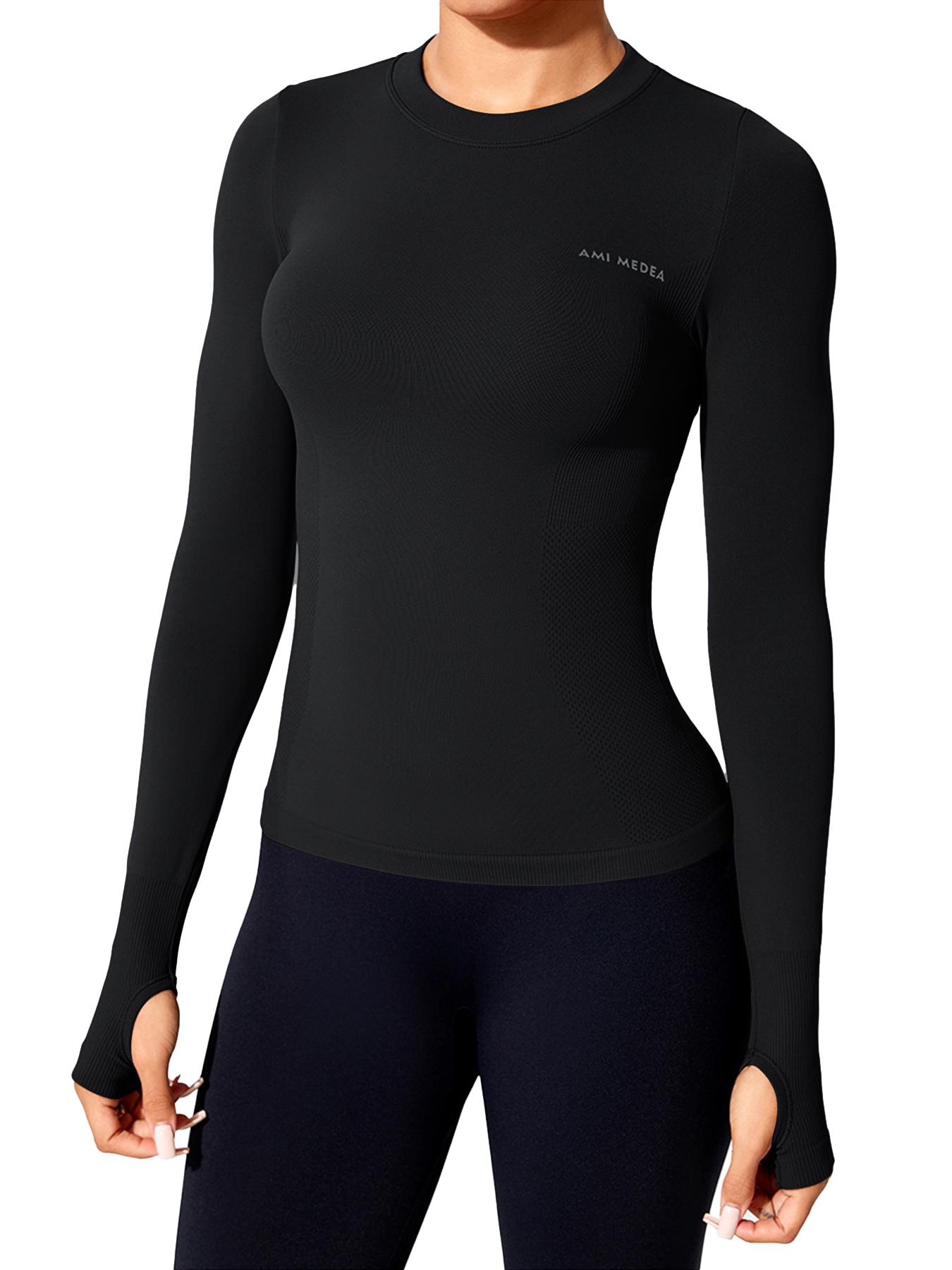 Women's Letter Print Thumb Hole Design Sports Tee, Quick Drying Breathable Round Neck Long Sleeve T-shirt for Gym Workout Running, Ladies Sportswear for All Seasons, Gym Tees, Sports Tops