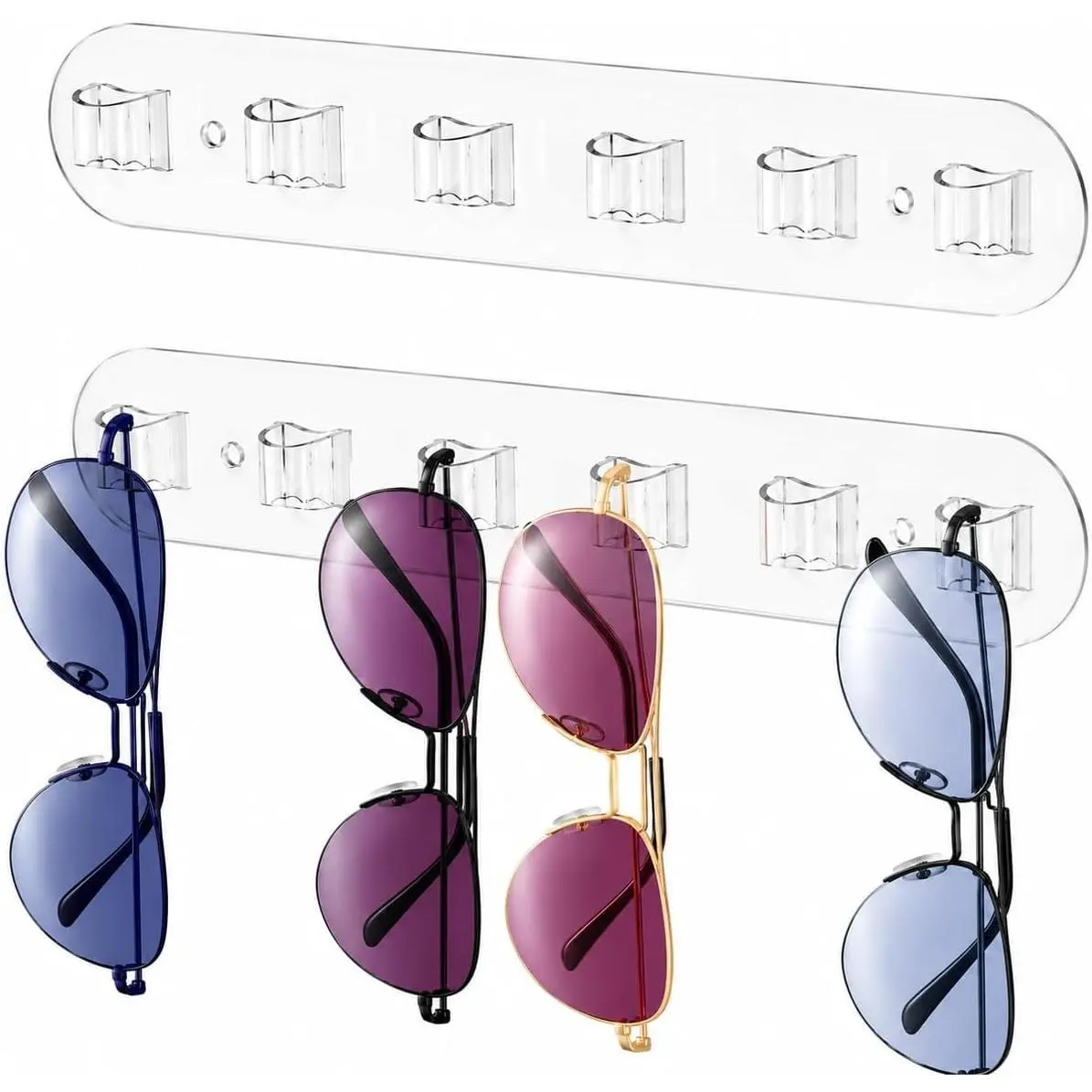 Wall Glasses Holder 2 pack,Sunglass Organizer, Sunglasses Display,Sunglasses Rack for  Your Multiple Eyeglasses, Sunglasses Holder Eyeglass Holder Stand (Clear, 6 Slots)