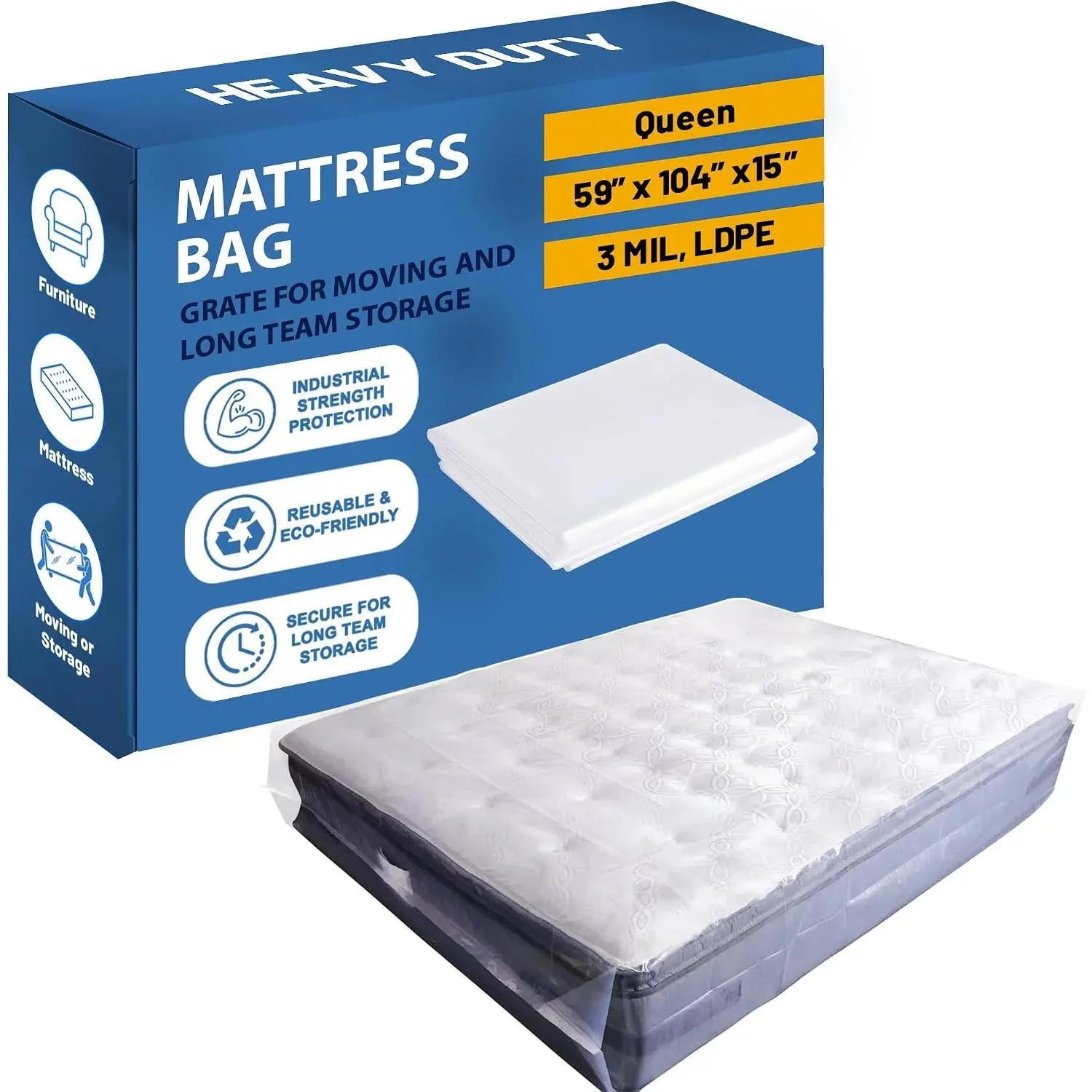 Heavy-Duty Waterproof Mattress Bag for Moving & Storage, Tear-Resistant Polyurethane Cover, Queen Size