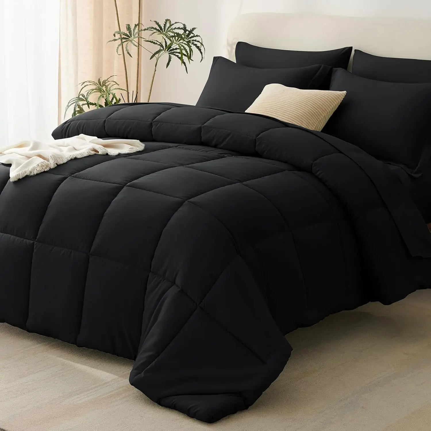 Full Size Comforter Sets,  Bed in a Bag, Black| OEKO-TEX Certified, Box-Stitched, 240 GSM Down Alternative Fill, All-Season, Sheets, Pillowcases & Shams
