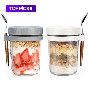 350ml/12oz glass storage jar with lid & spoon, 2 counts portable overnight oats breakfast cup, leakproof insulated food storage container for home kitchen office school dormitory picnic, preserving containers, insulated modern containers, utensils