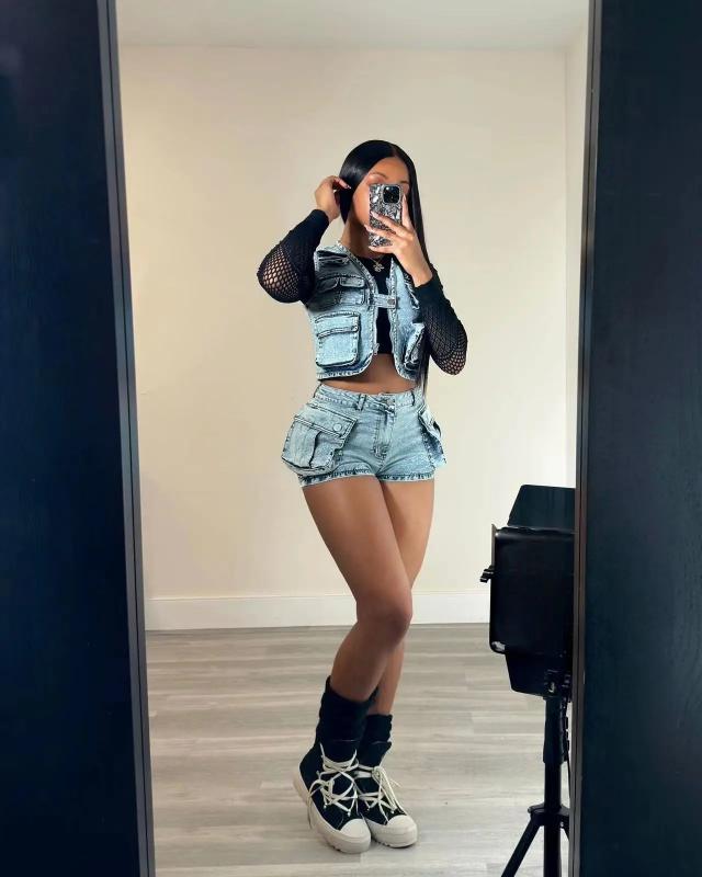 two-piece set woman Multi Pockets Denim Shorts Outfit Sexy Women Elegant Two Pieces Jeans Club Macthing Jacket+Shorts
