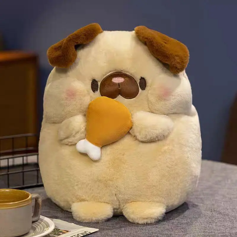 Ultra-Soft Beige Pug Plush Toy with Chicken Drumstick - Pug Plush Figure Party Gifts, Stuffed Animal Party Gifts for Kids, Ideal for Birthdays, Chubby Pug
