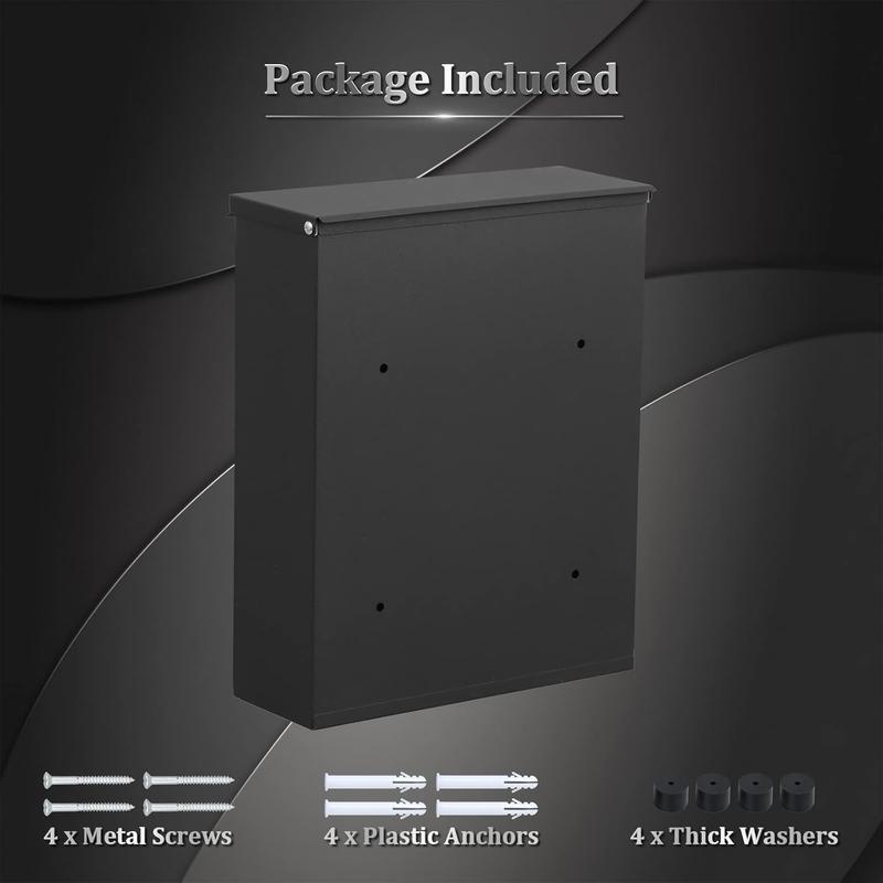 Locking Mailbox Wall Mount, Wall Mounted Mailbox with Key Lock, Large Drop Box with Galvanized Steel Cover, Rust-Proof Metal  Box, Black, 10.2 x 3.7 x 12.6