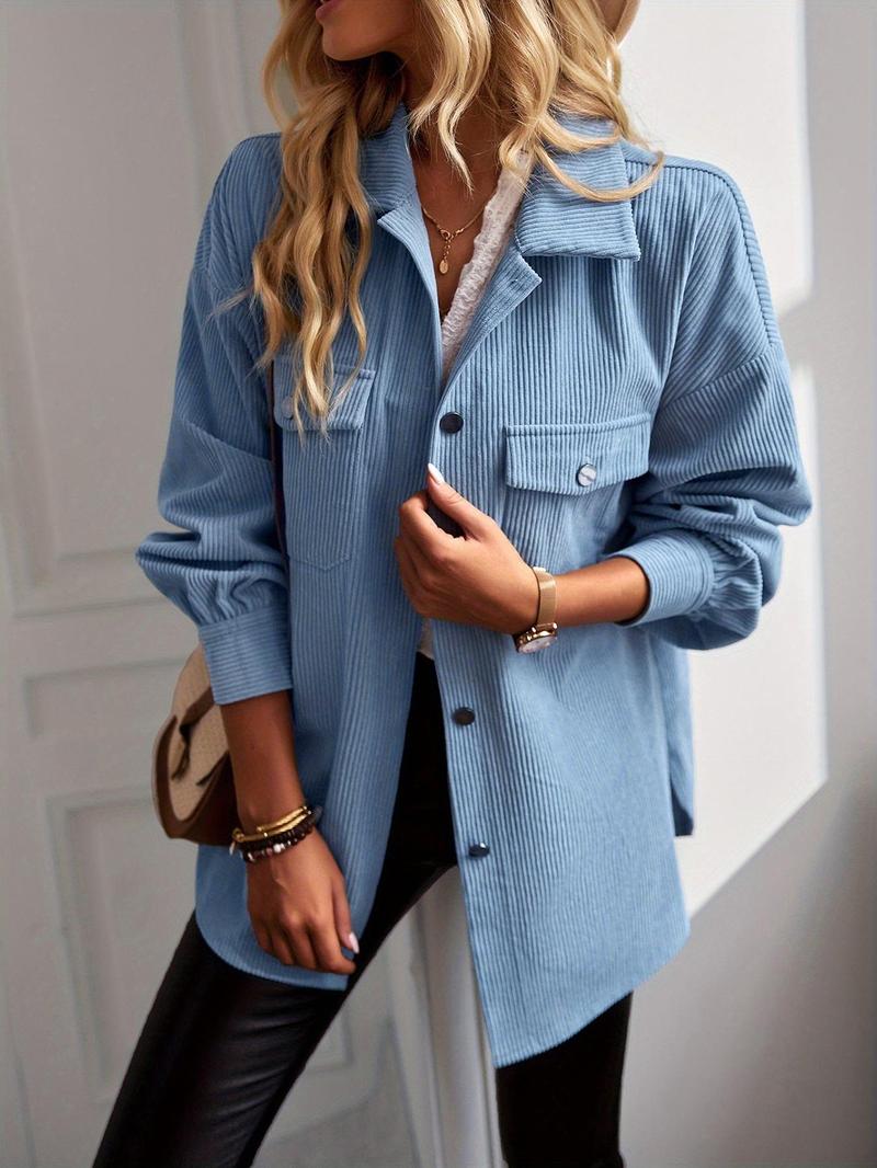 Women's Solid Button Front Long Sleeve Corduroy Jacket, Casual Drop Shoulder Outerwear for Fall & Winter, Ladies Clothes for Daily Wear, Downtown Girl Clothes, Coats
