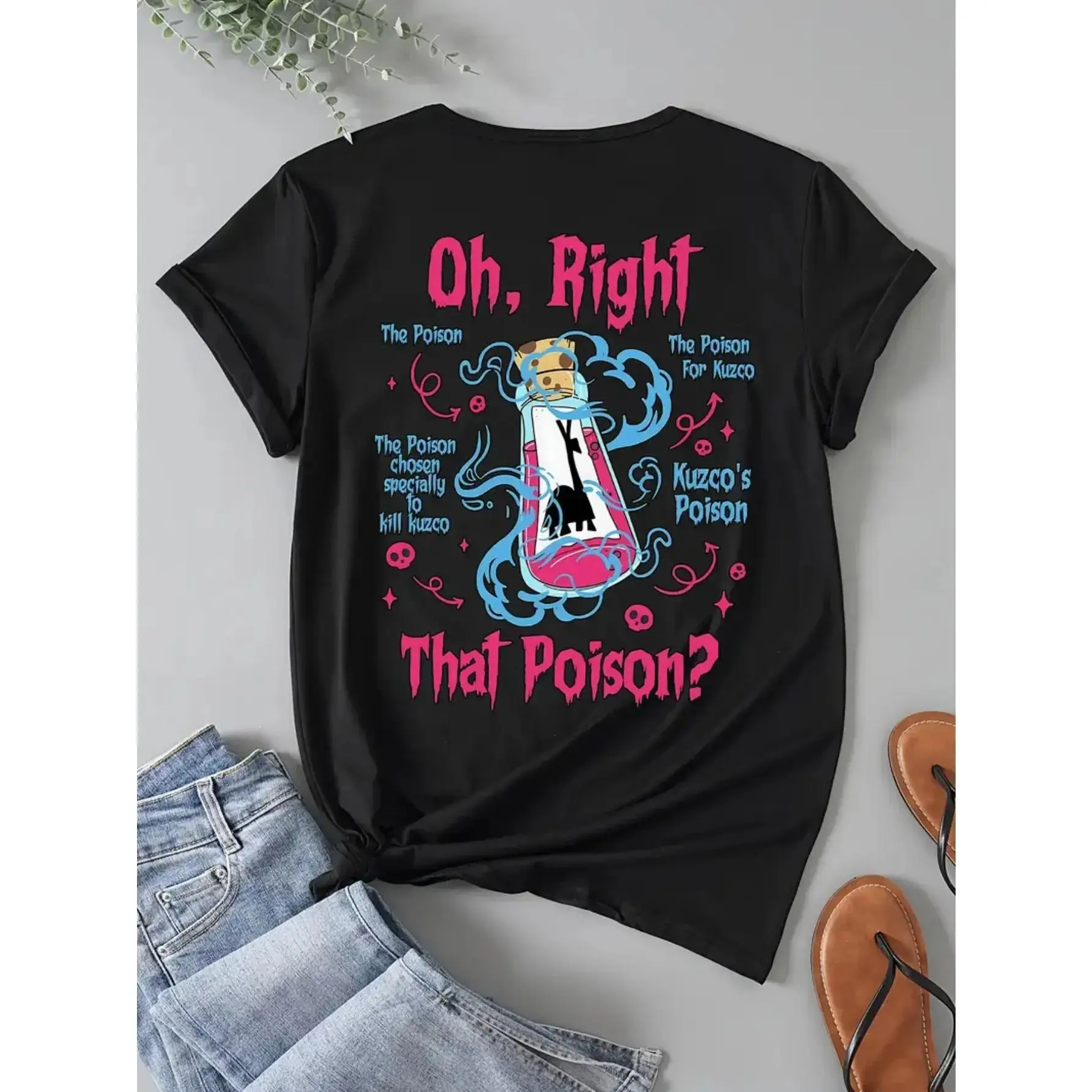 Casual Round Neck Short Sleeve Sports Top - Poison-Inspired Trendy Graphic T-Shirt with "Oh, Right" & "Kuzco's Poison" Print, Black, Machine-Washable, Ideal for Spring & Summer, S-5XL, Sports Clothes, Shortsleeve