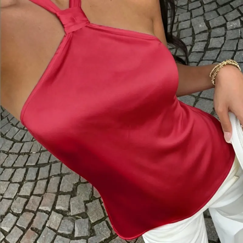 Women's Spring & Summer Sleek Fitted Short Sleeveless Halter Neck Top, Crop Camisole Tank Top, Casual & Versatile Style, Ideal for Vacations, Outings, Casual Gatherings, Parties & Other Occasions, Sleeveless Clothing, Womenswear