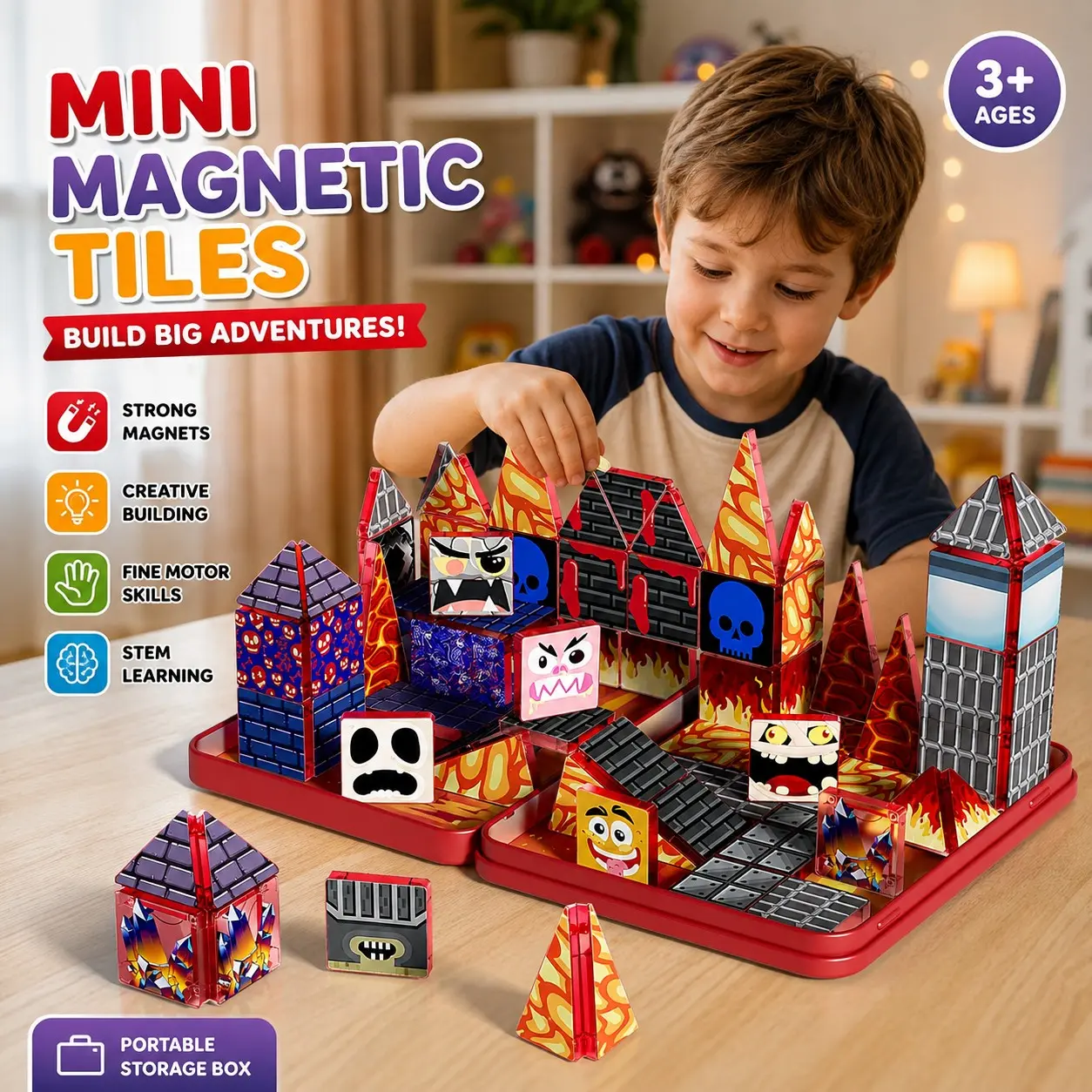 Portable Magnetic Tiles Set, Flame Monster Castle Theme DIY Building Toy, Stem Educational Gift for Kids Aged 3+