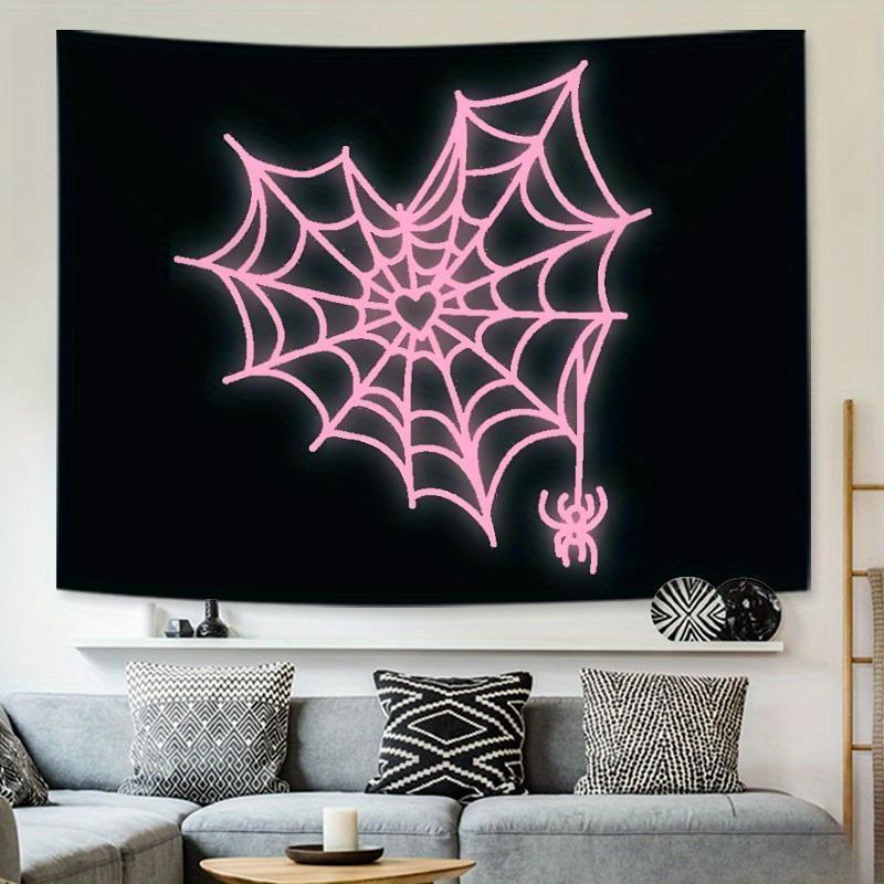 Spider Web & Heart Pattern Glow in the Dark Tapestry, USB Plug-in LED String Light Included, Wall Hanging Decor for Home Living Room Bedroom, Vanity Decor Accessories