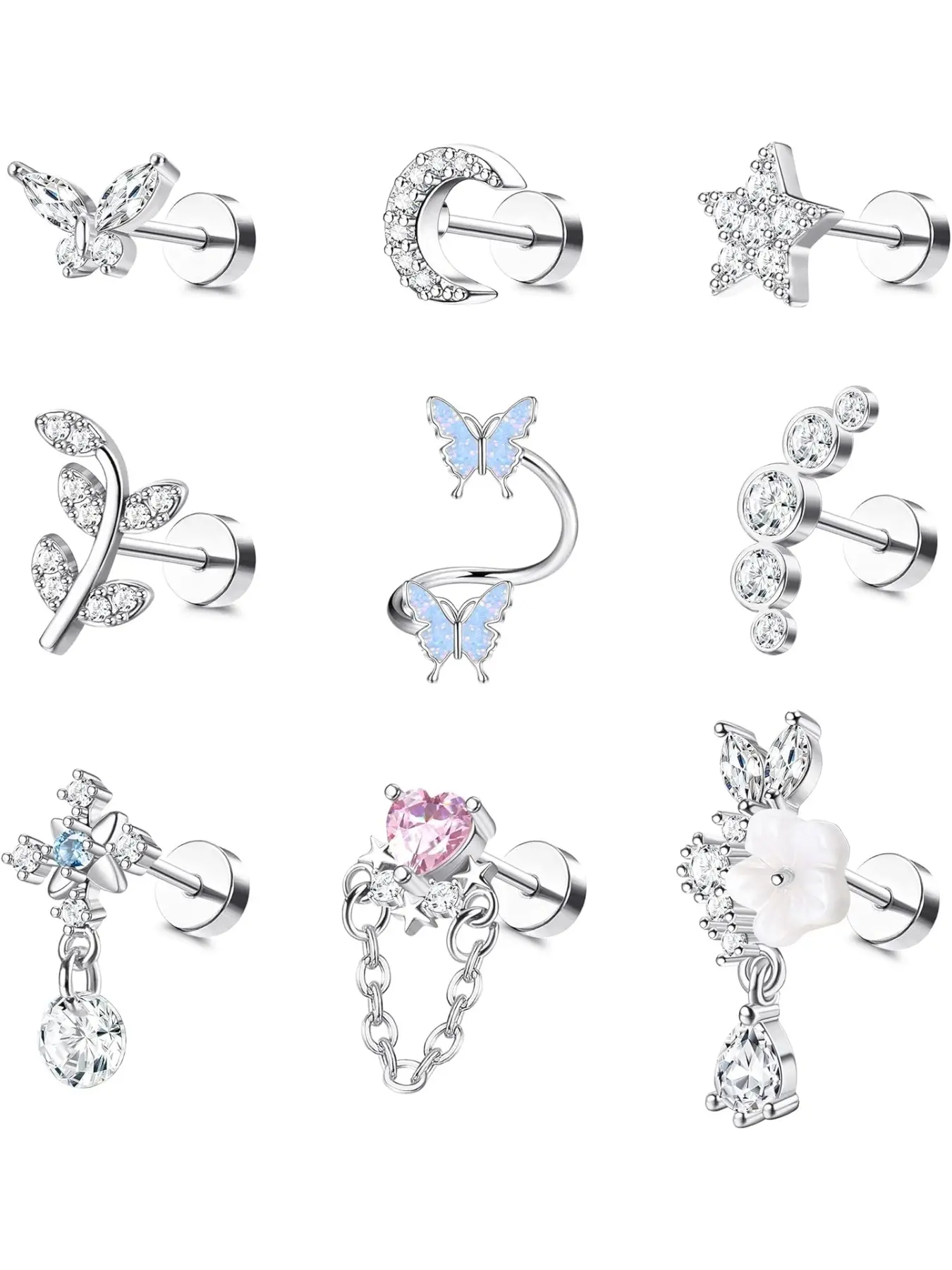 16 Gauge Cartilage Earrings Helix Earrings for Women Stainless Steel Helix Piercing Jewelry Leaf Butterfly CZ Studs Flatback Stud Earrings Flat Back Cartilage Casual Earrings Set 9Pcs
