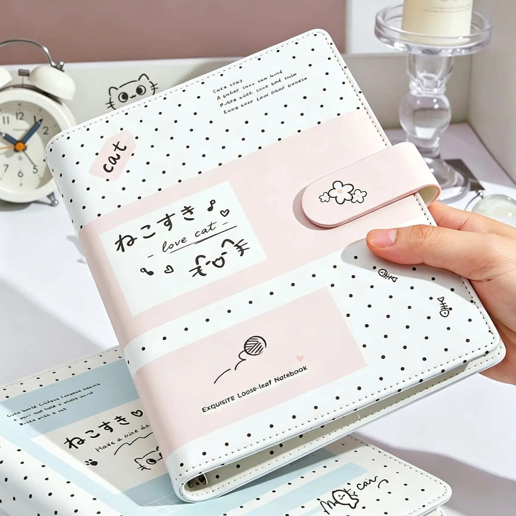 A5 Polka Dot Soft Cover Cat Clasp Notebook, Cute Girl Style, Japanese High Aesthetic, Travel Diary, Student Planner